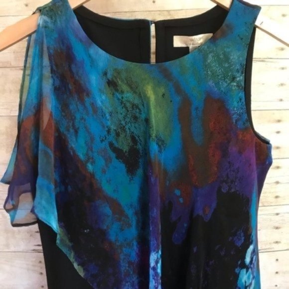 NWT Aidan by Aidan Mattox Black Draped Gown Silk Abstract Watercolor Blue Green - Picture 3 of 13